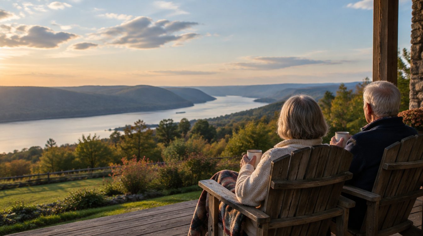 An older couple on a porch looking out over the Hudson River valley